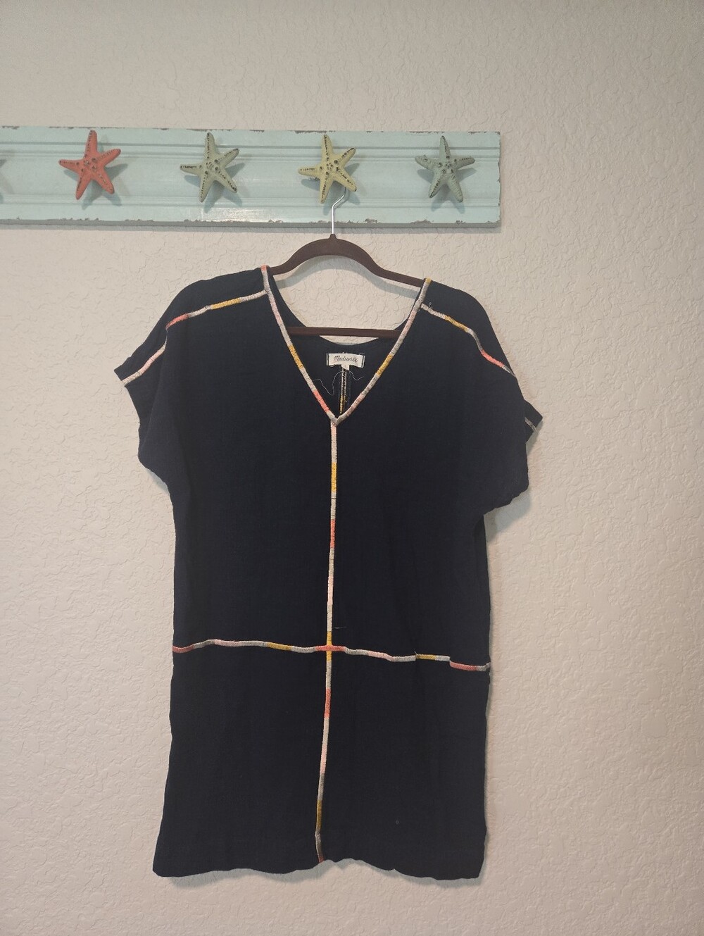 Madewell Womens Small Indigo Blue Rainbow Embroidered Trim V-Neck Shift Dress